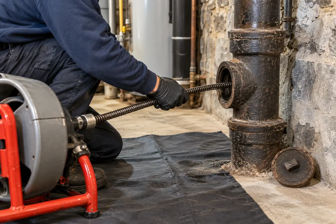 Drain cable machine clearing a shared cast iron stack