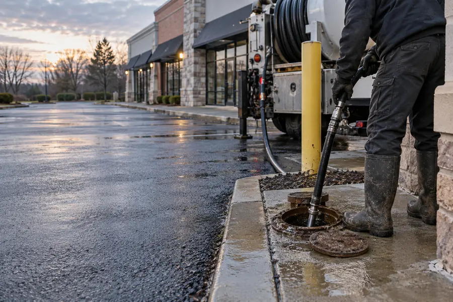 Technician servicing an outdoor drain beside a commercial property in Berlin CT