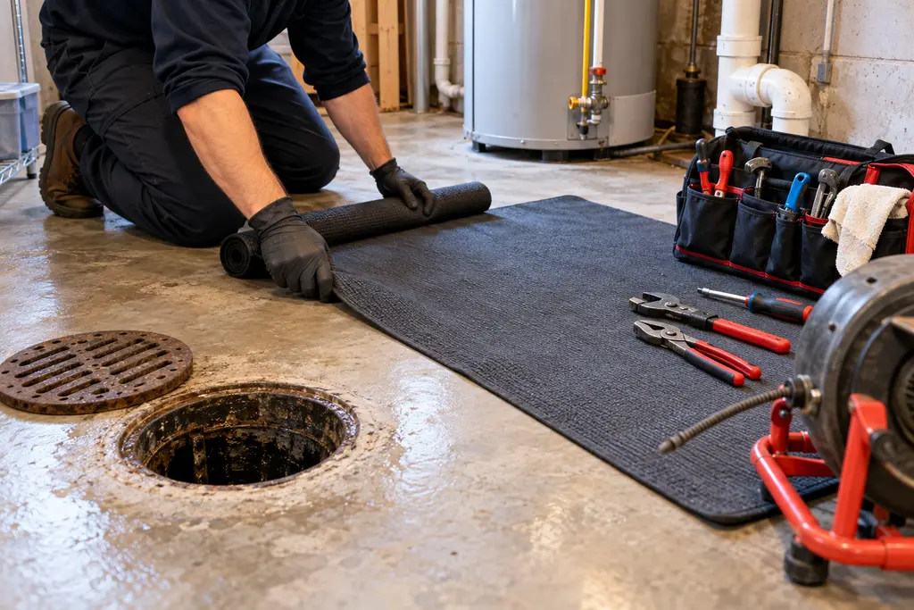 Drain tools on a protective mat beside a basement floor drain