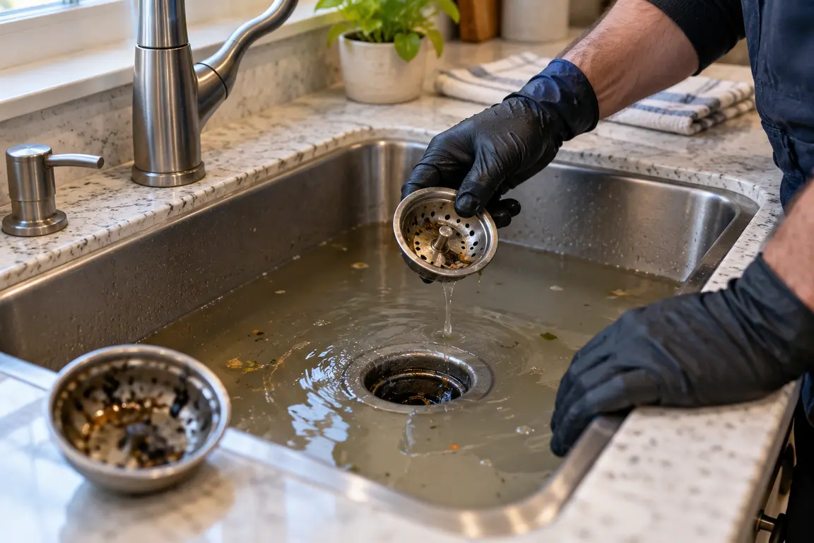 Standing water and drain debris in a clogged kitchen sink