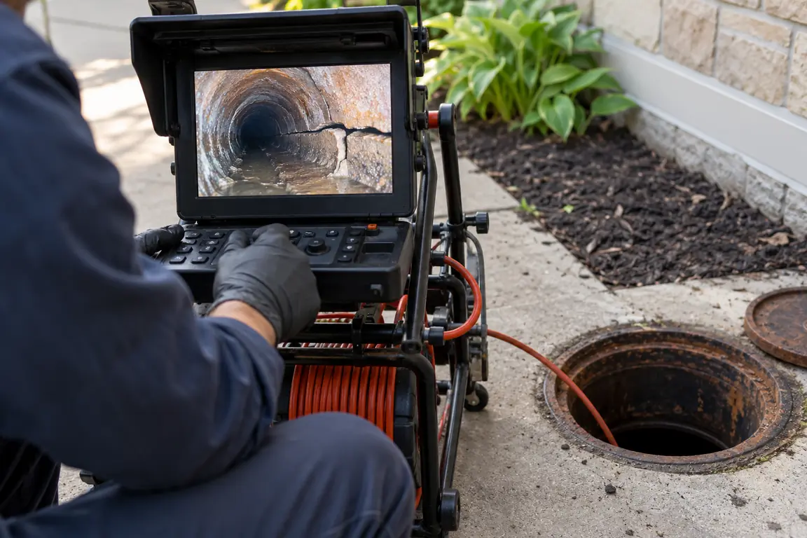 Sewer inspection monitor displaying a damaged pipe at an outdoor cleanout