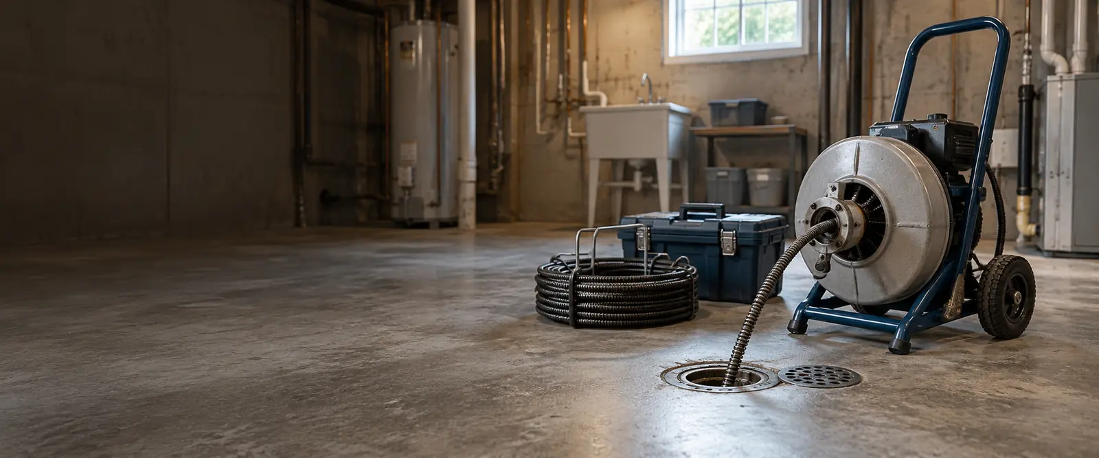 Drain cable machine, hoses and inspection equipment in a clean basement