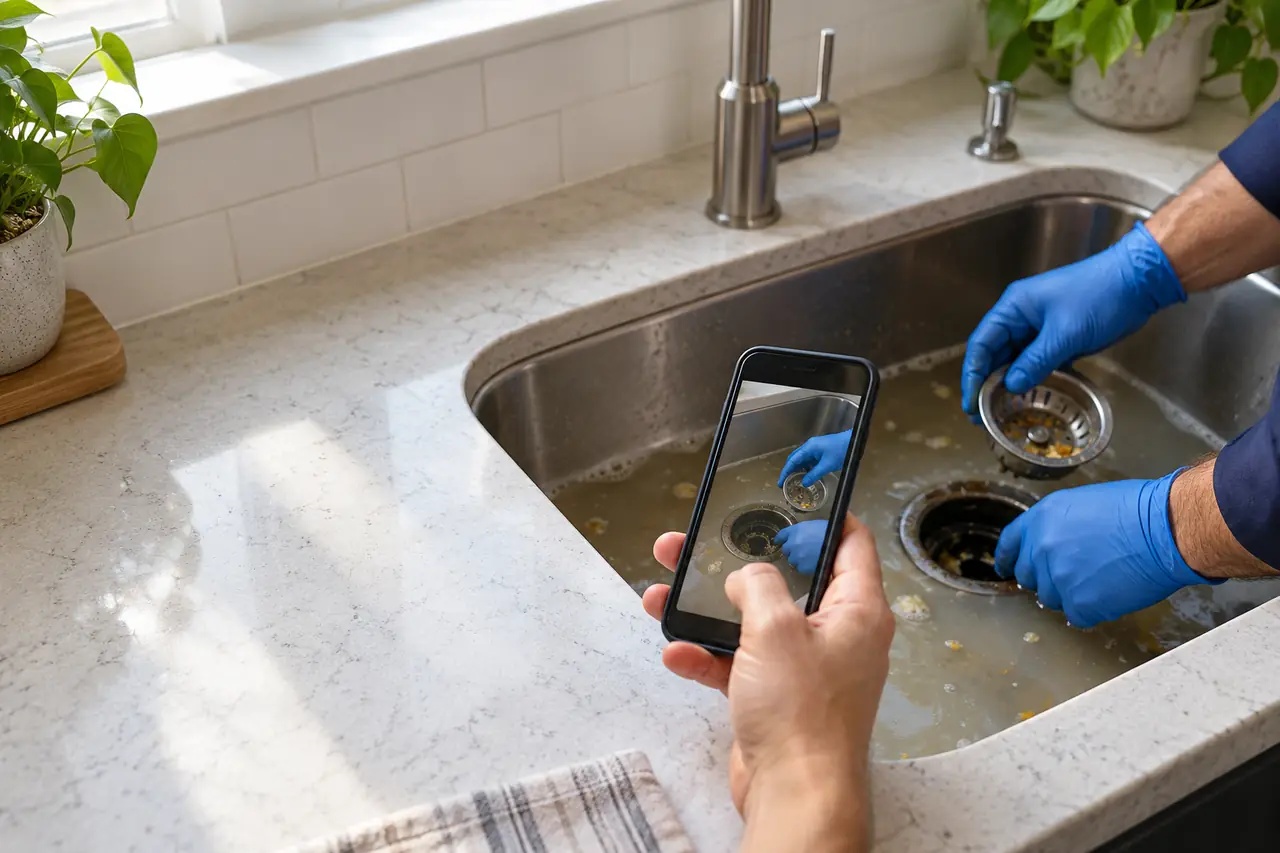 Phone photographing a kitchen sink drain for a service quote