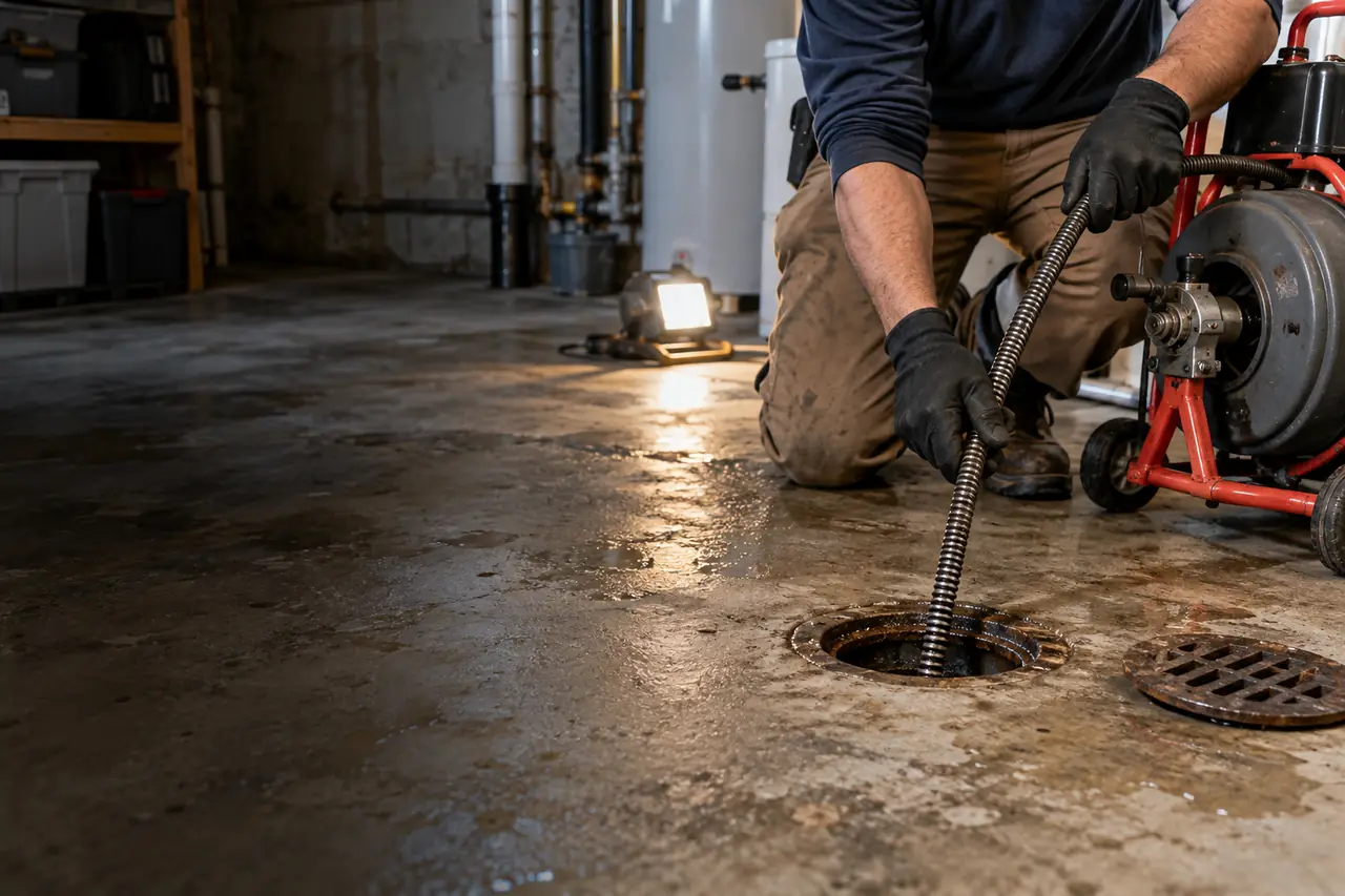 Technician feeding a cable into a basement floor drain