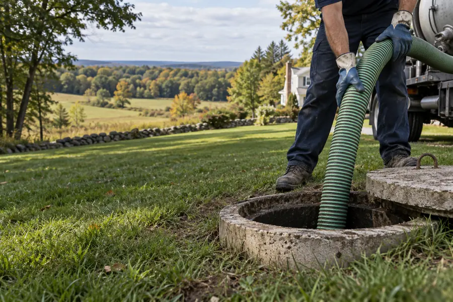 Technician pumping a septic tank on a Durham CT property