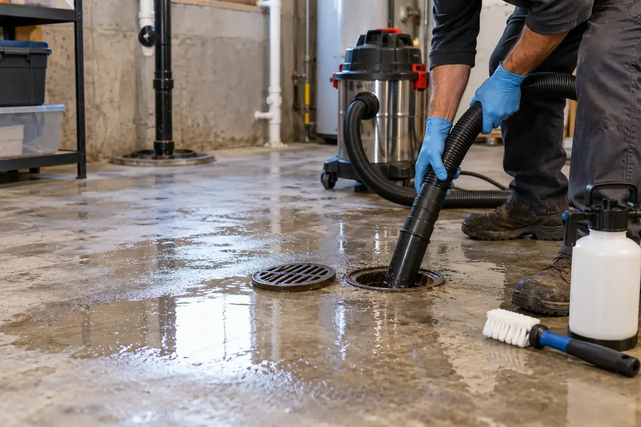 Technician removing water from a basement near a backed up drain
