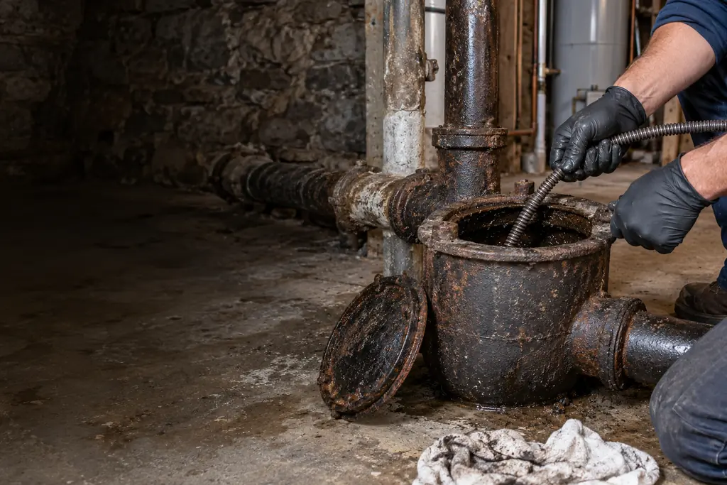 Technician clearing an old cast iron drain pipe in a Highland Middletown basement
