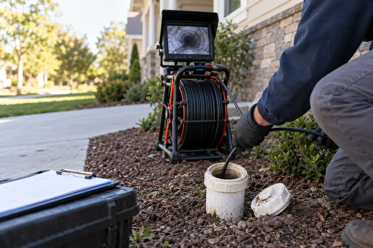 Sewer camera and monitor at a residential outdoor cleanout