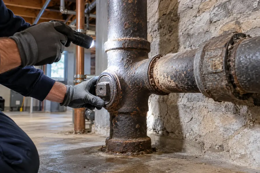 Gloved technician inspecting an older cast iron drain connection