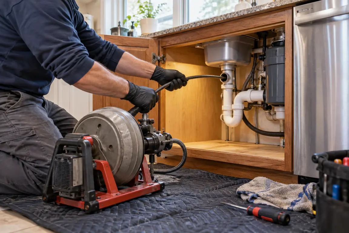 Technician using a cable machine beneath a kitchen sink