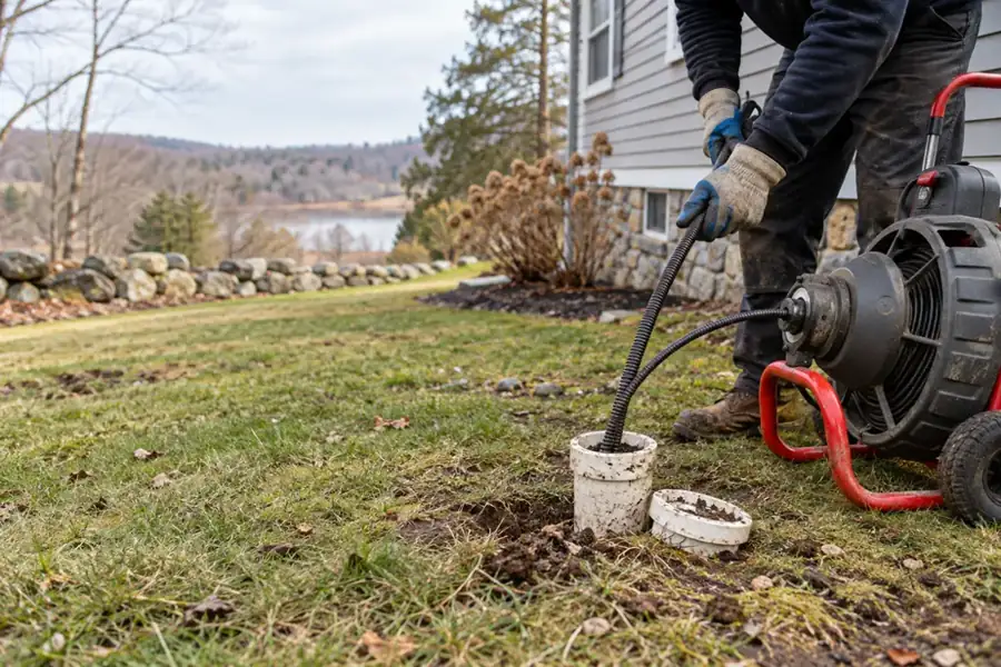Technician clearing an exterior septic line through a cleanout