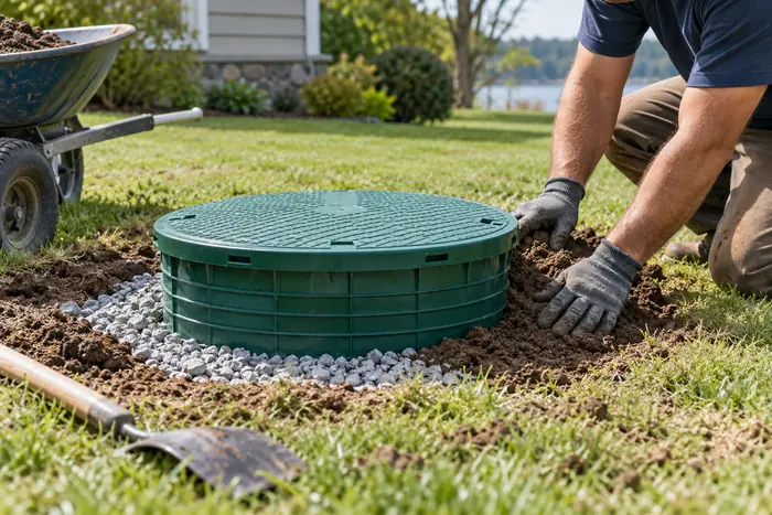 Technician securing a green septic access riser lid