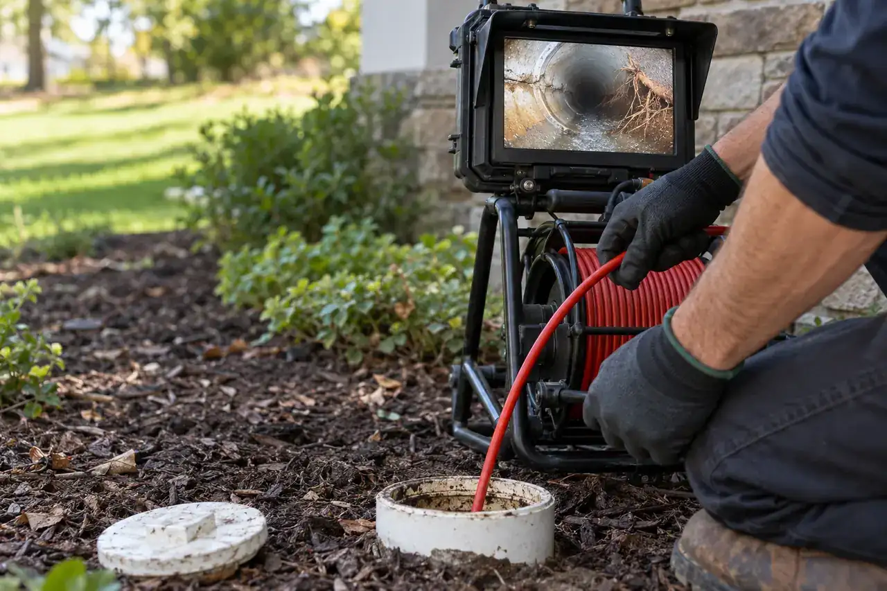 Inspection monitor and camera cable beside an outdoor sewer cleanout