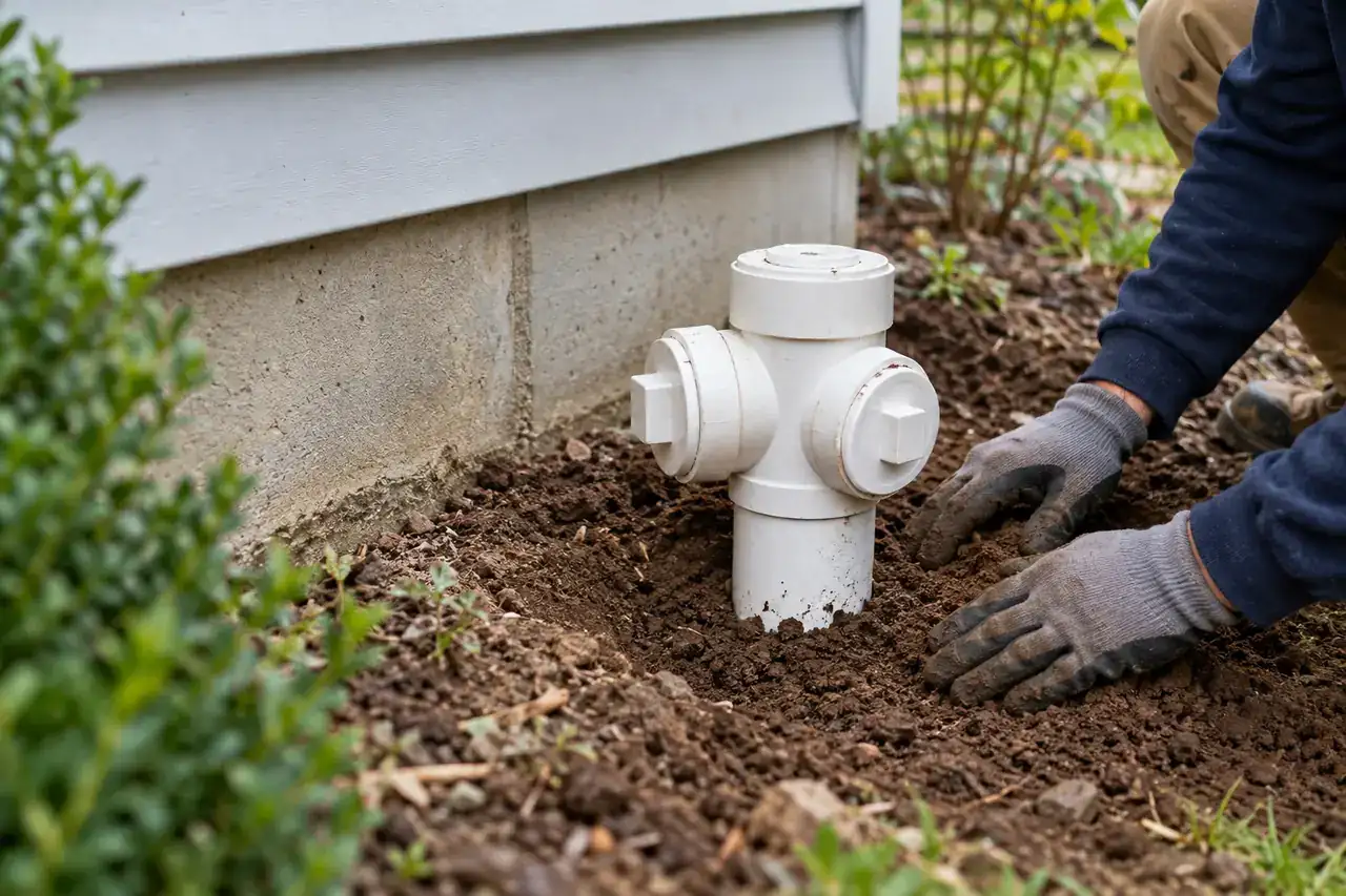 PVC sewer cleanout fittings installed beside a house foundation