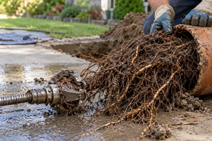 Tree roots removed from an exposed sewer pipe