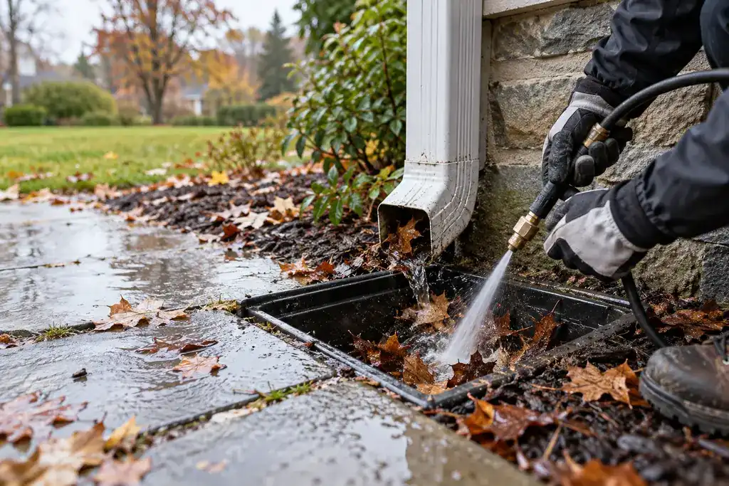 Technician clearing a storm drain beside a house downspout