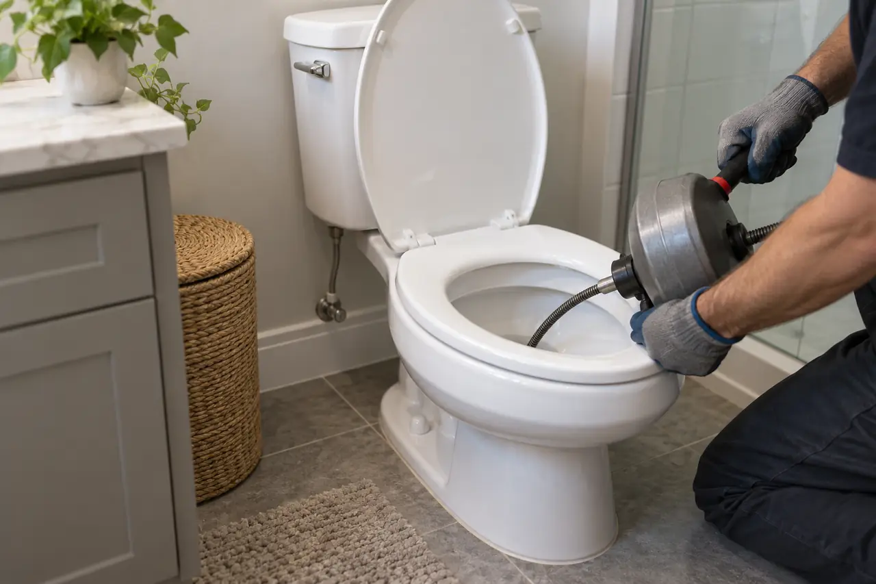 Technician using a toilet auger to clear a blocked toilet