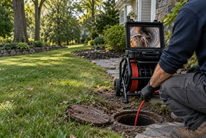 Sewer camera equipment beside a cleanout in Wesleyan Hills Middletown